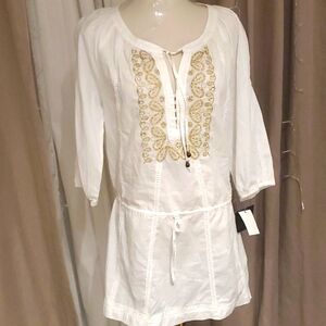 NWT Alfani White 100% Cotton gold embroidery blouse size 4